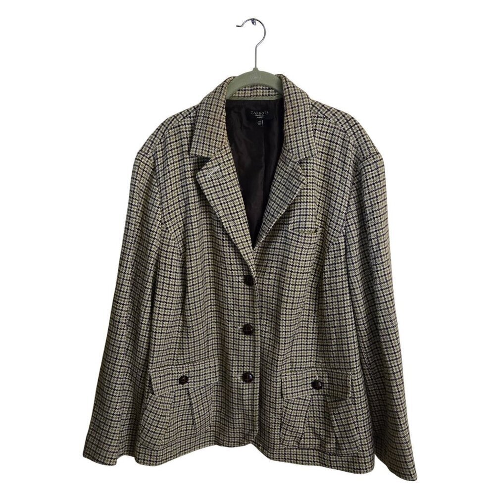 Talbots Plussize Green Plaid Wool Blend Leather Button Academia Blazer Size 22w